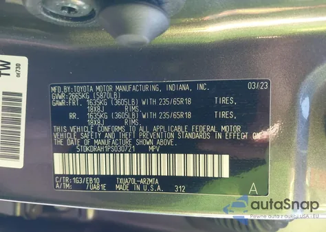 2023 Toyota Highlander Xle z USA, uszkodzony, nr VIN 5TDKDRAH1PS030721